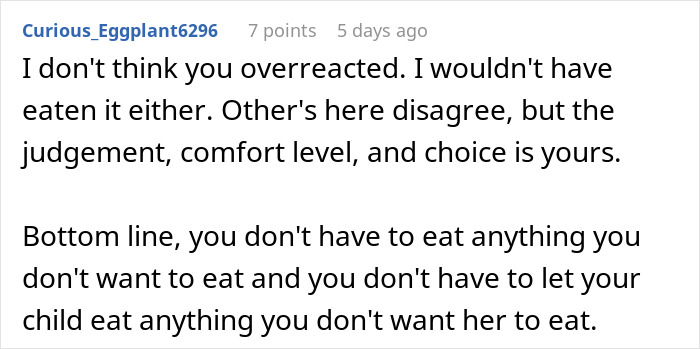 Comment discussing losing appetite and concerns about mother-in-law&rsquo;s chicken preparation affecting choice to eat or feed child.
