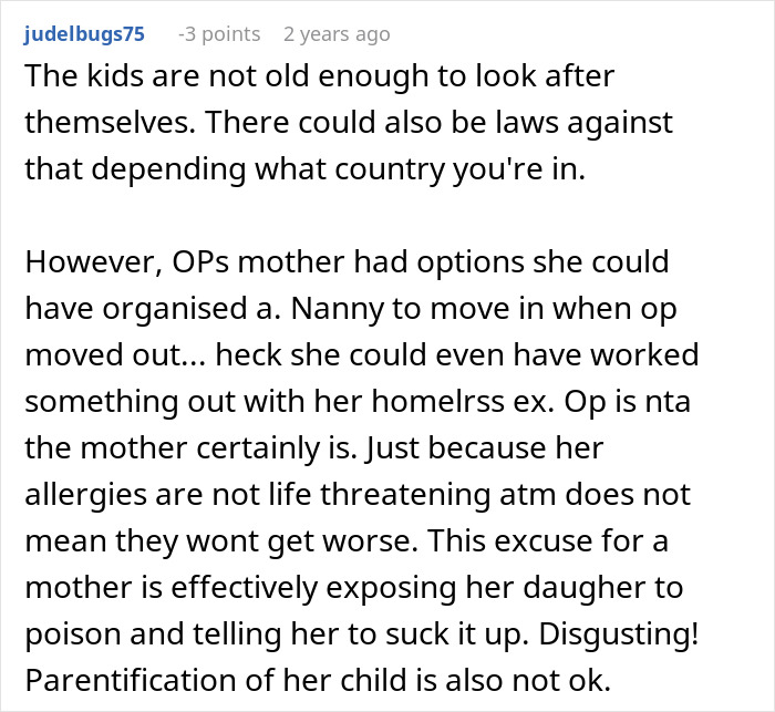 Comment discussing family conflict and childcare issues after 23-year-old moves out, leaving mom no childcare options.