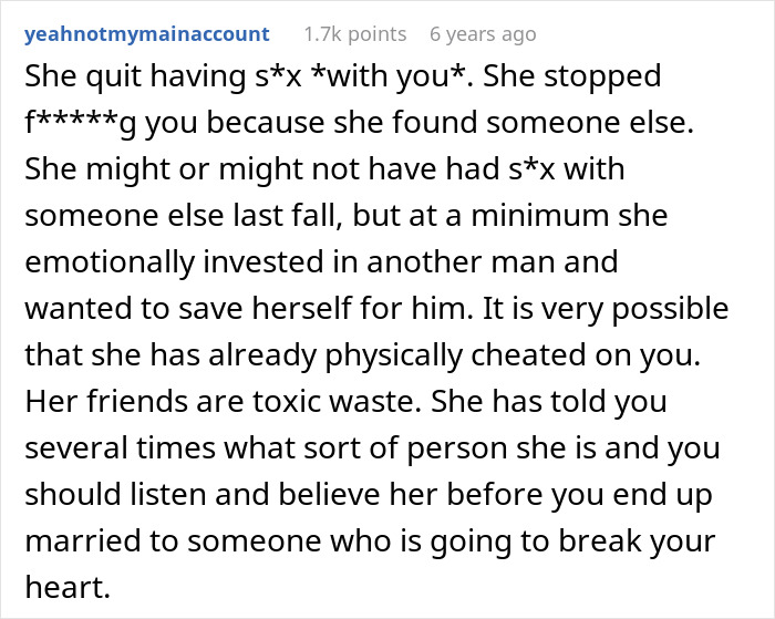Text post by user yeahnotymainaccount discussing emotional and possible physical cheating before marriage causing heartbreak.