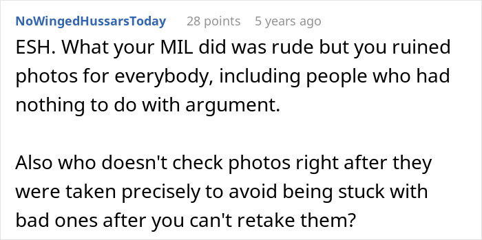 Comment from NoWingedHussarsToday discussing a homophobic MIL excluding woman and ruining family photos.
