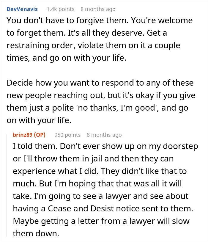 Text conversation about dealing with family stalking, restraining orders, and responses to disowned relatives after 15 years.