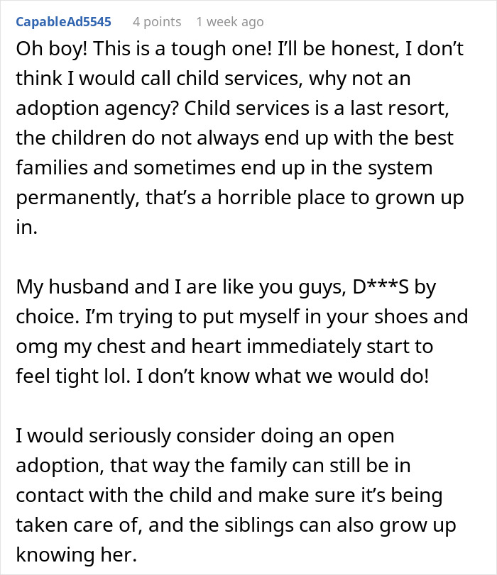 Comment discussing a childfree woman refusing responsibility for her sister’s new baby and considering open adoption. Comment discussing a childfree woman refusing responsibility for her sister’s new baby and considering open adoption.