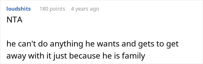 Screenshot of a forum comment discussing a man demanding cousin pay for a cruel prank and the shocked aunt&rsquo;s reaction.