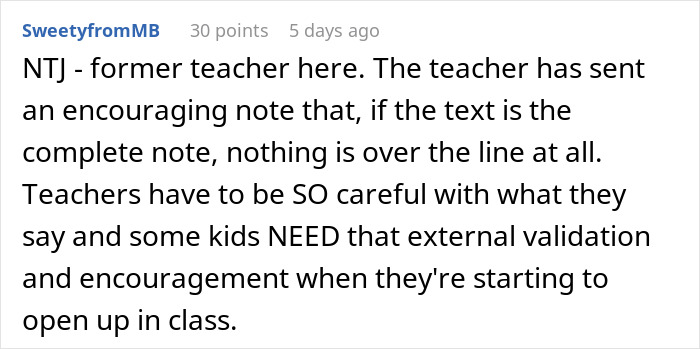 Comment from former teacher explaining teacher&rsquo;s note and discussing mom furious over teacher&rsquo;s inappropriate note to her son.