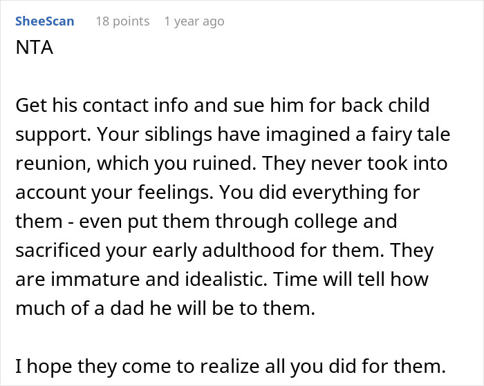 Comment text on a white background discussing siblings and a surprise, related to guy kicking siblings out after surprise plan.