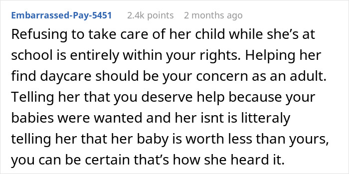 Comment discussing a stepmom delivering a brutal reality check to her pregnant stepdaughter, sparking family tension. Comment discussing a stepmom delivering a brutal reality check to her pregnant stepdaughter, sparking family tension.