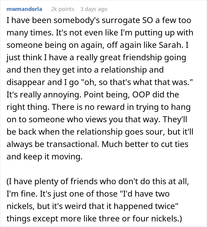 Text post from Reddit user mwmandorla sharing thoughts about being ghosted by friends after they enter relationships, discussing friendship and transactional ties.