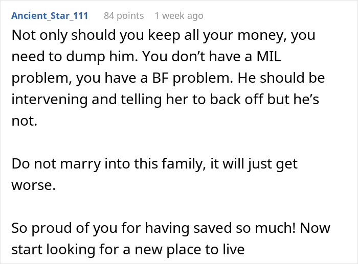 Comment advice on entitled mother expenses split son girlfriend, urging to avoid family drama and save money wisely.