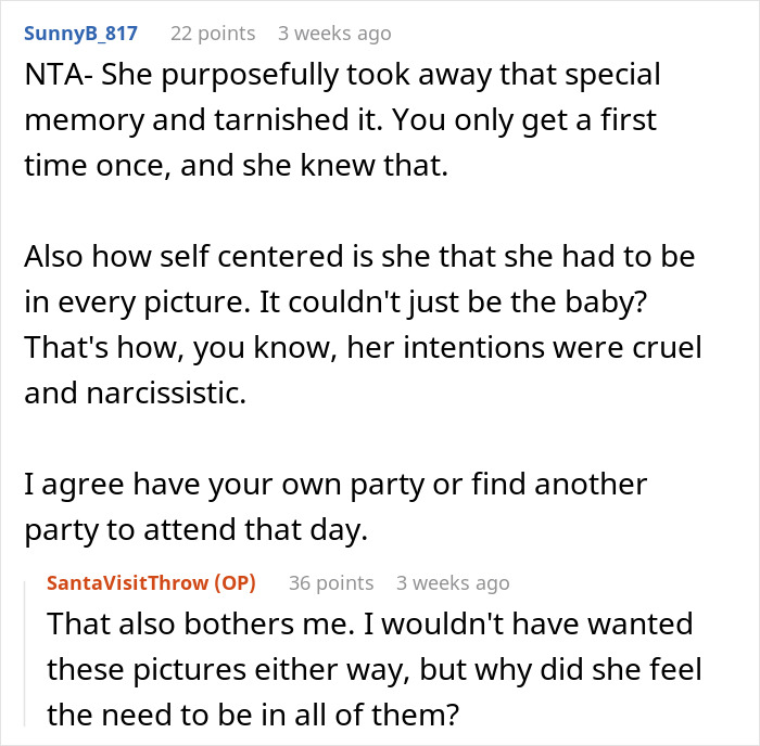 Step-grandma sneaks baby to Santa during visit, causing loss of babysitting privileges and family disputes over photos.