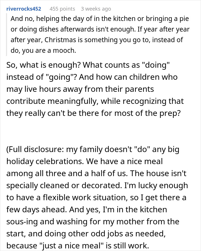 Comment discussing Christmas labor and adults claiming feminism while leaving moms to do all the work and preparation.