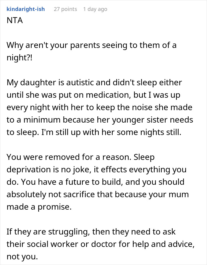 Screenshot of Reddit comment about an exhausted teen losing sleep due to autistic siblings' screaming and CPS involvement Screenshot of Reddit comment about an exhausted teen losing sleep due to autistic siblings' screaming and CPS involvement