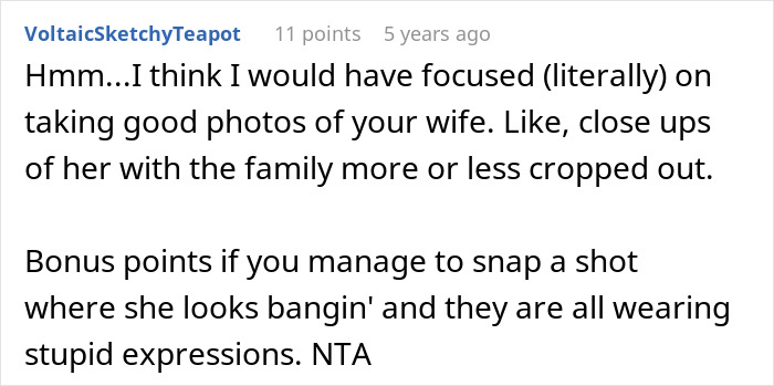 Screenshot of an online comment discussing family photos focusing on a woman amid exclusion by homophobic MIL.