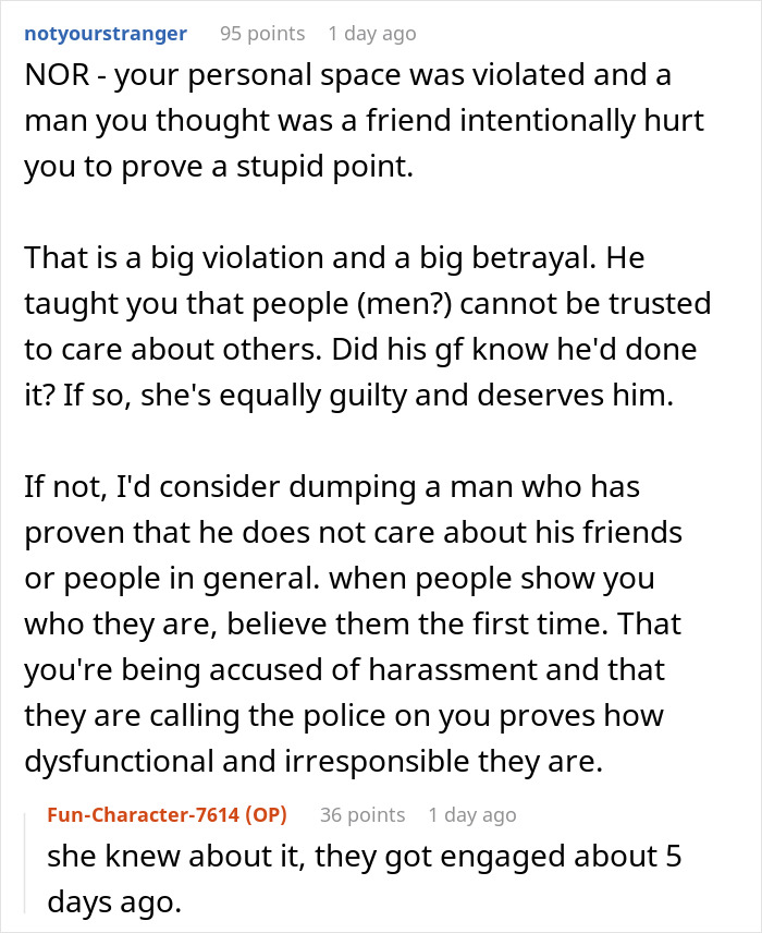 Comment discussing violation of personal space after a guy tries to prove roommate is not allergic to grass by placing it in her pillow.