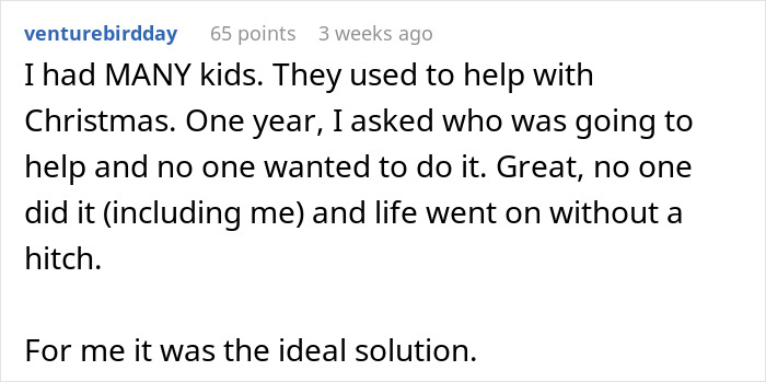 Comment from a woman discussing how adults claiming feminism leave moms to do all the Christmas labor.