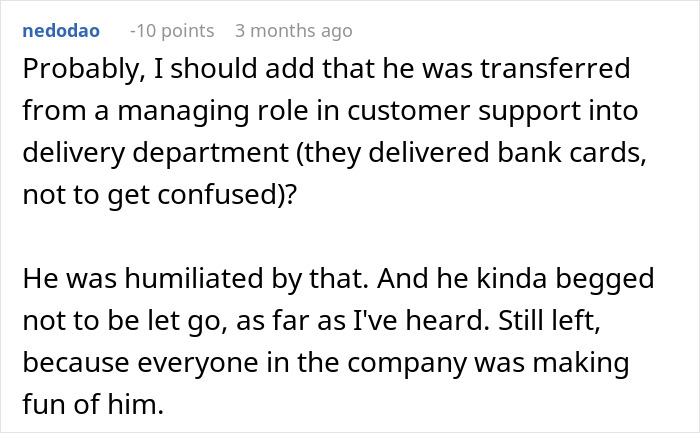 Screenshot of a comment describing a boss threatening an employee with termination who ends up getting fired instead.