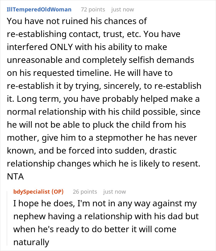 Reddit conversation about custody court and family drama involving brother who abandoned his child.