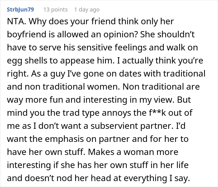 Comment discussing toxic man venting about traditional wives and reactions to his flawed logic in an online forum.