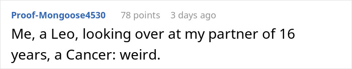 Text post showing a user joking about a Cancer partner and astrology in a relationship context.