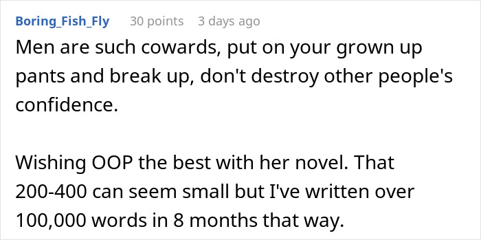 Screenshot of a Reddit comment about breaking up and confidence related to secret texts of fianc&eacute; complaining about appearance