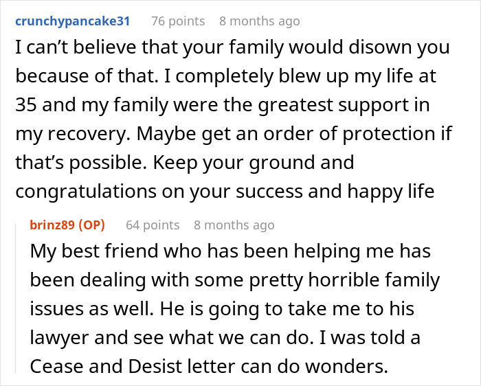 Reddit comments discussing family disownment, stalking, and legal actions in a personal recovery and support context.