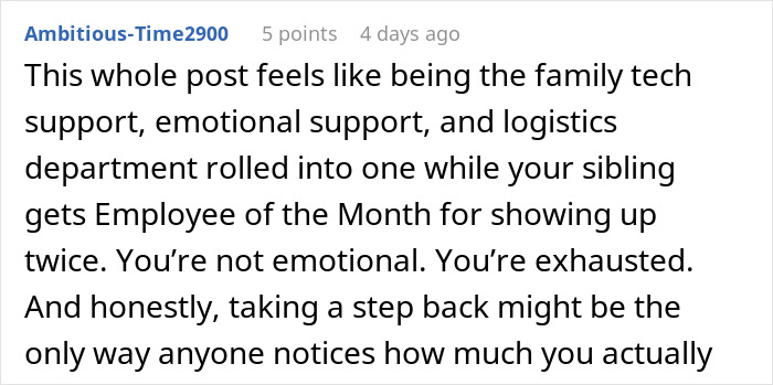 Screenshot of a forum post discussing a woman not seeing how much her daughter is doing for her.