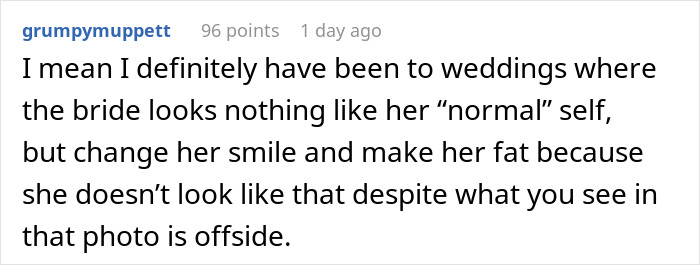 Comment discussing MIL&rsquo;s plan to make bride look ugly in wedding illustration and artist noticing the change.