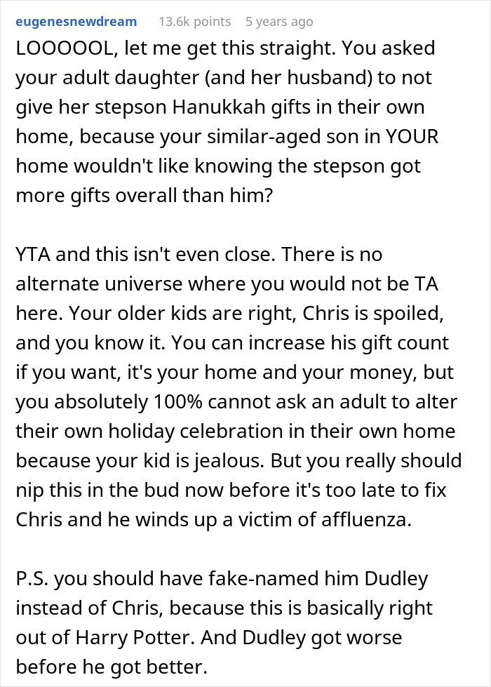Reddit user criticizes dad demanding family skips Hanukkah gifts due to his spoiled son&rsquo;s tantrums and jealousy issues.