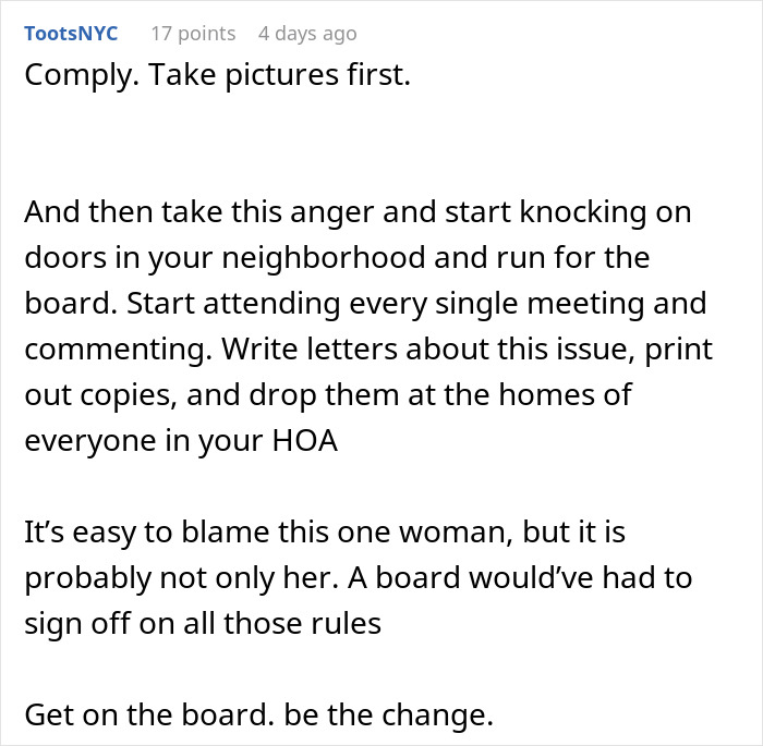 Commenter advising action after woman bashed by HOA for festive Christmas decor facing potential fines per day. Commenter advising action after woman bashed by HOA for festive Christmas decor facing potential fines per day.