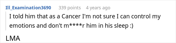 Screenshot of an online comment where a user jokes about being a Cancer and controlling emotions in a humorous context.