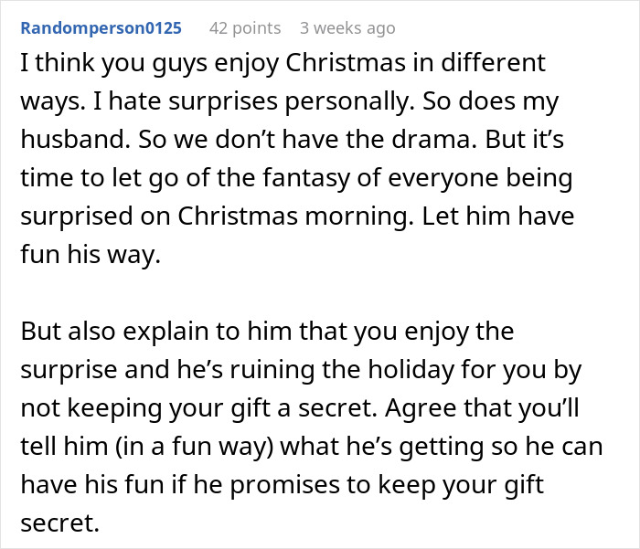 Comment discussing different ways to enjoy Christmas surprises and keeping gifts a secret for holiday fun.