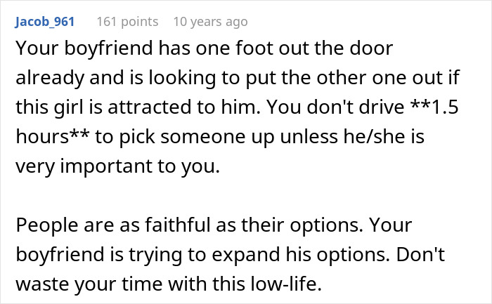 Screenshot of a forum comment discussing a man losing his girlfriend over a girl at work he has a crush on.