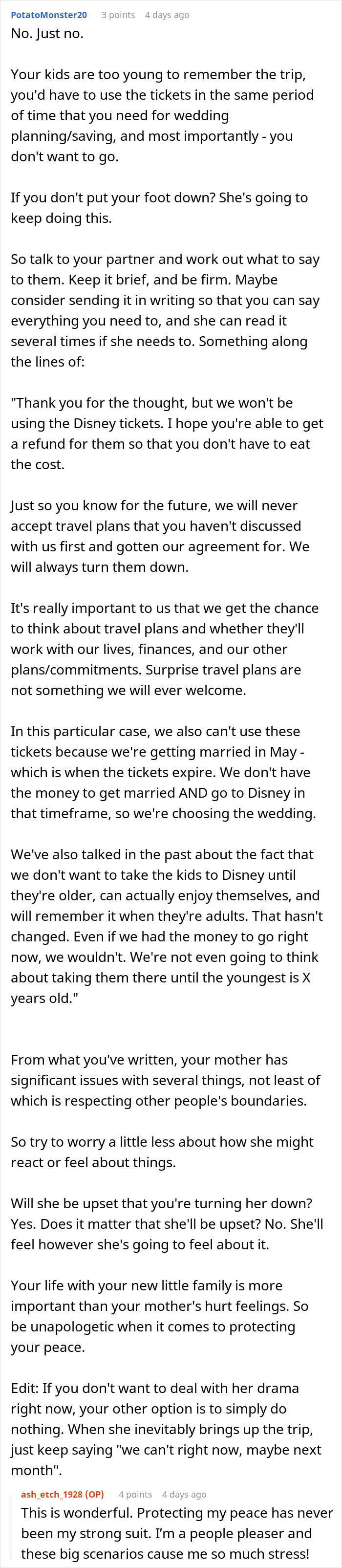 Text conversation discussing a mom forcing her Disney dream on family, creating debt and guilt around the gift. Text conversation discussing a mom forcing her Disney dream on family, creating debt and guilt around the gift.