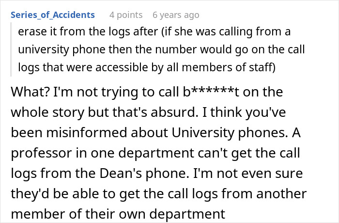 Screenshot of a Reddit comment discussing misinformation about university phone call logs in an academic department.