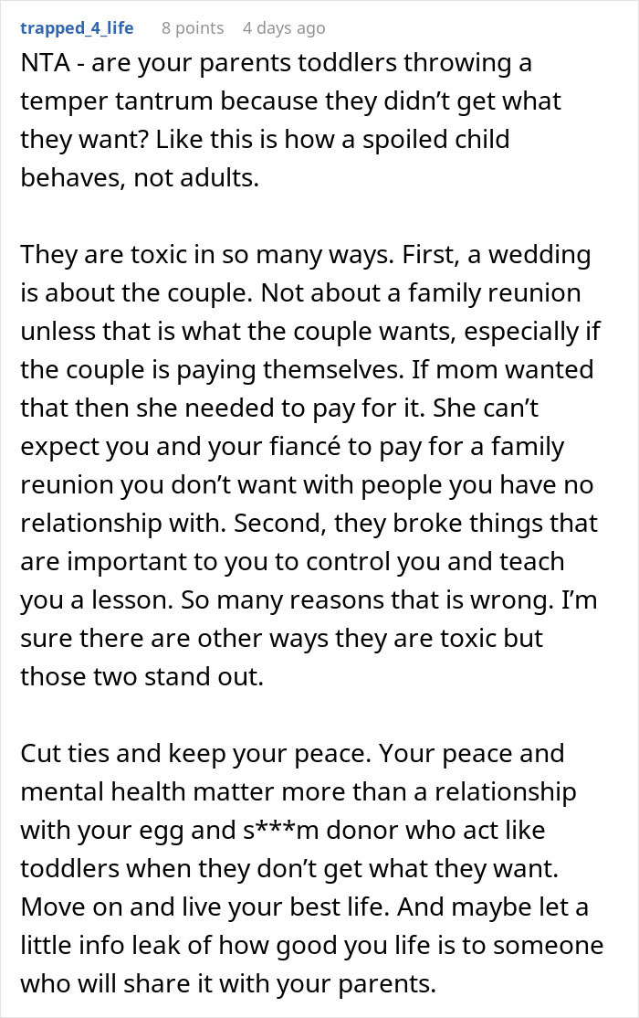 Comment discussing toxic parents and the man cutting off parents after their revenge over a small wedding plan. Comment discussing toxic parents and the man cutting off parents after their revenge over a small wedding plan.