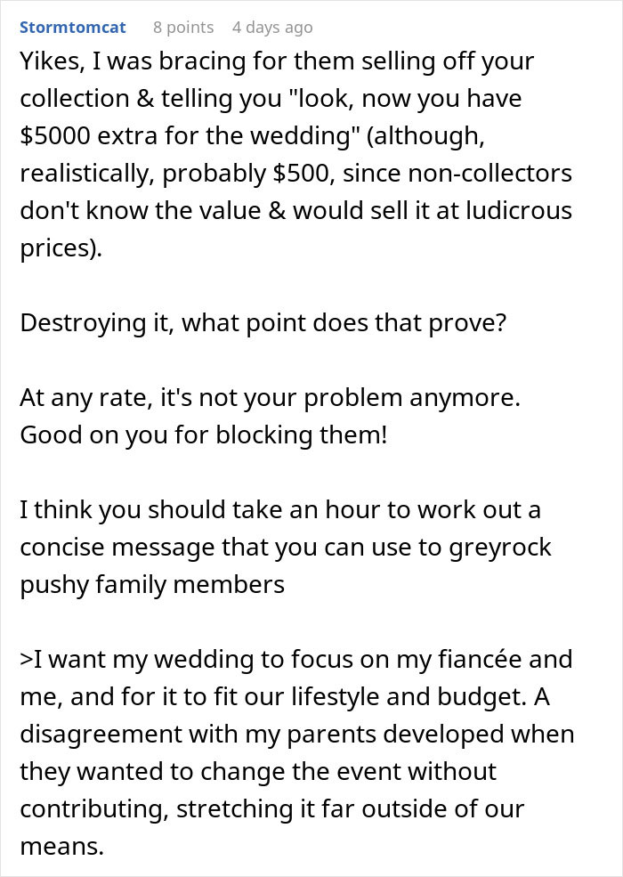 Text excerpt discussing a man cutting off parents after their revenge over his plans for a small wedding. Text excerpt discussing a man cutting off parents after their revenge over his plans for a small wedding.