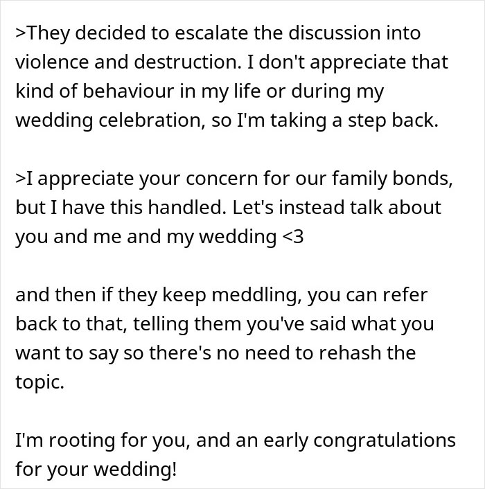 Text message conversation about family conflict and wedding plans, focusing on man cutting off parents after their revenge. Text message conversation about family conflict and wedding plans, focusing on man cutting off parents after their revenge.