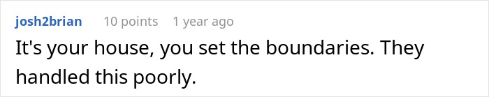 Comment text from user josh2brian in a discussion about guy kicking siblings out after they share surprise they planned.