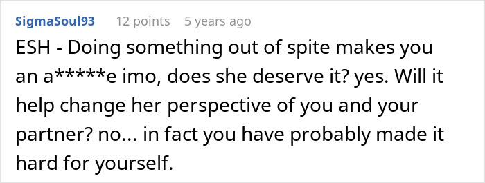 Screenshot of a Reddit comment discussing spiteful actions in response to homophobic MIL excluding woman from family photos.