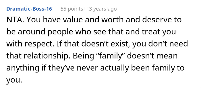 Screenshot of a Reddit comment supporting self-worth and rejecting toxic relationships in family disputes involving a gay bro.