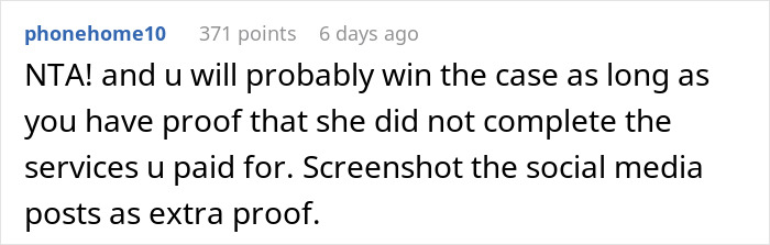 Screenshot of online comment advising proof for makeup artist failing services on wedding day.