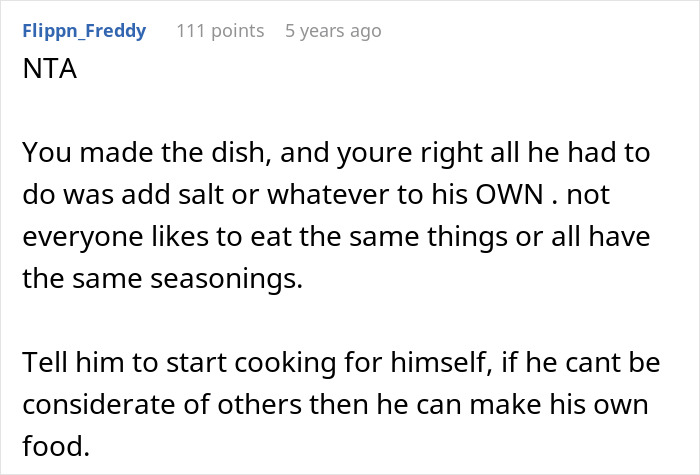 Comment on forum discussing woman rethinking relationship after boyfriend salts entire pot of chili.