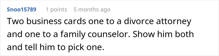 Comment text discussing a husband not standing up to his mother and a wife considering walking away.