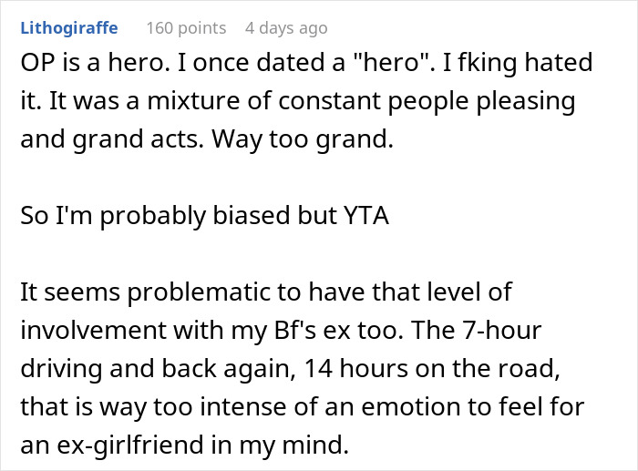 Comment discussing intense involvement with an ex-girlfriend and confusion over current partner's upset feelings.