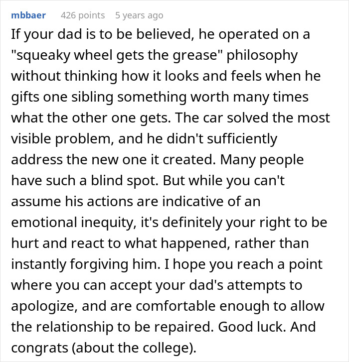 Comment discussing teen mad at dad for gifting stepbro a car at Xmas, calling it favoritism over a gift card.