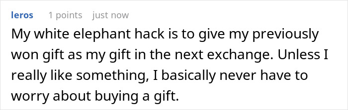 Screenshot of a user comment explaining a white elephant gift hack to reuse their previously won gift in the next exchange.