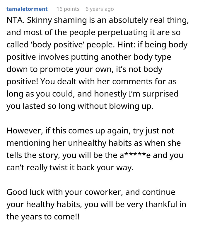Comment discussing skinny-shaming and body positivity, addressing coworker conflicts and healthy habits advice.