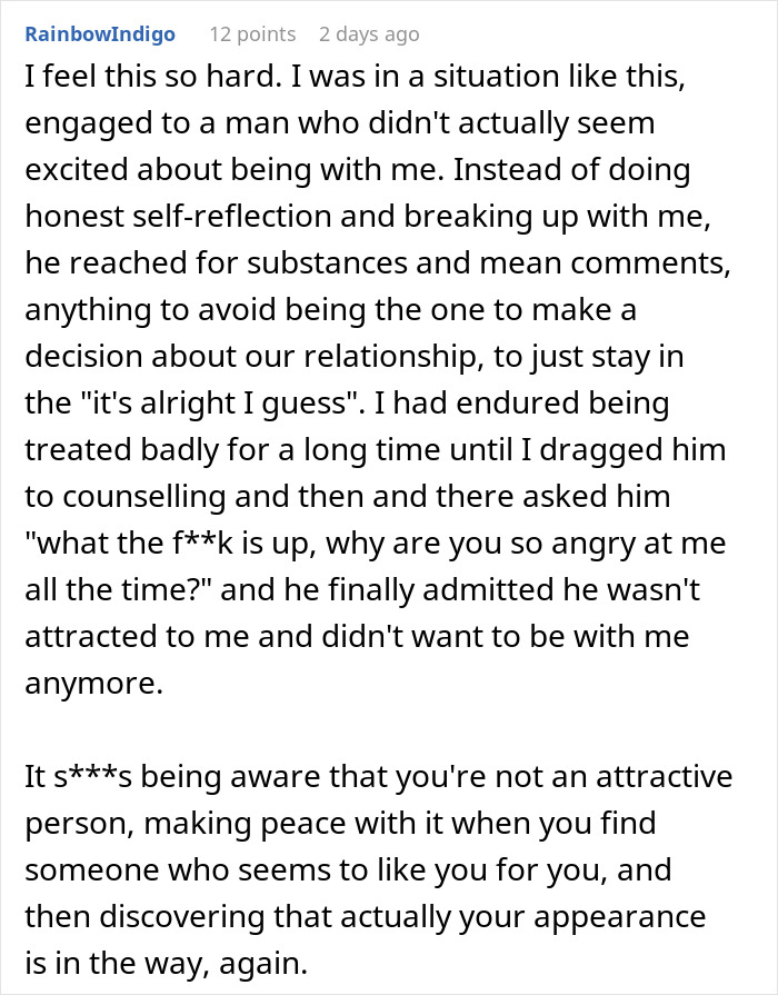 Woman shares experience of fianc&eacute; complaining about her appearance in secret texts, worried about their wedding photos.