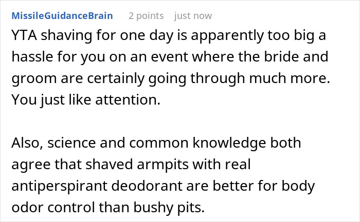 Comment criticizing a woman's hairy armpits described as a personal insult by bride and groom, causing guest discomfort.