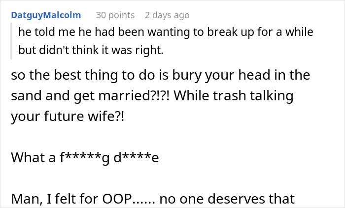 Screenshot of a comment discussing fianc&eacute; complaining about appearance and concerns over wedding photos.