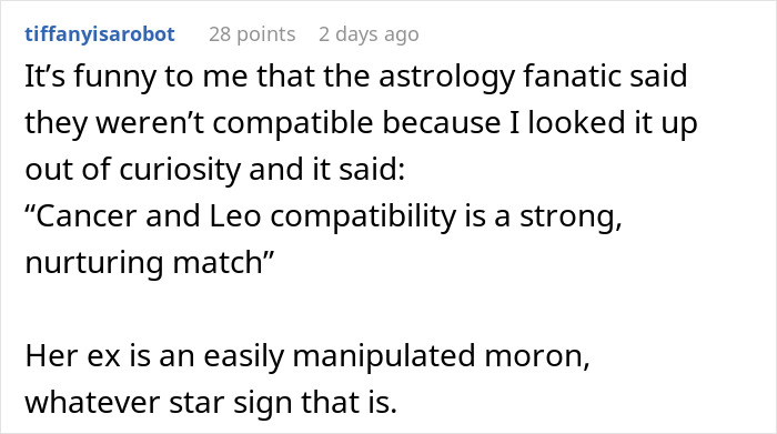 Text excerpt from a social media post discussing astrology, Cancer star sign, and a cheating boyfriend blamed on astrology.